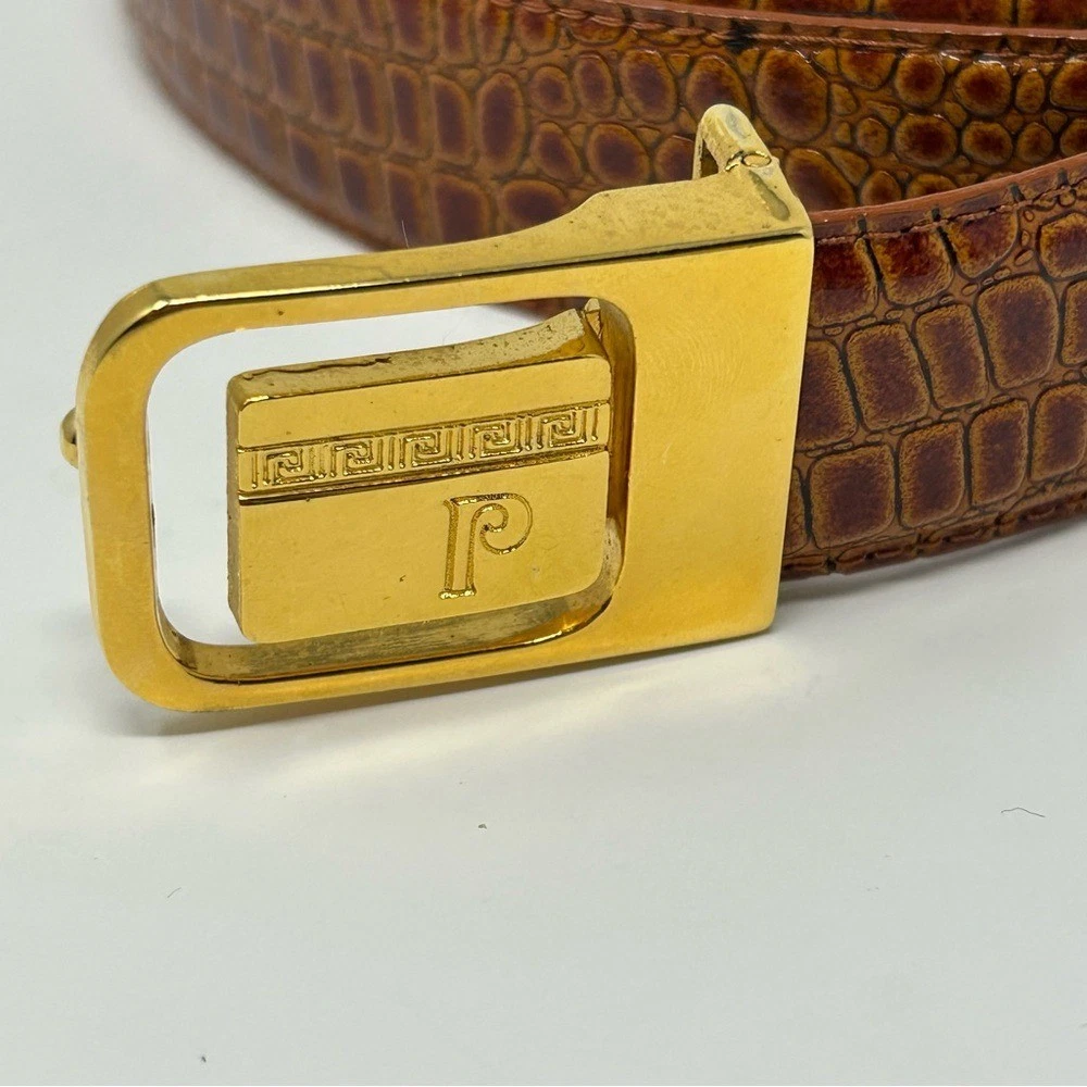 Vintage Pierre Cardin Logo Belt Croc Embossed Brown Leather Gold‎ Buckle Size L Pierre Cardin Belts for Women for sale | eBay main image 3