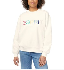 Esprit Women's Embroidered Logo Crewneck Sweatshirt Cream Retro Sz S New