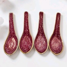Antique Chinese Rouge Red Porcelain Soup Spoons Gold Trim 5" Long Set Of 4 EC
