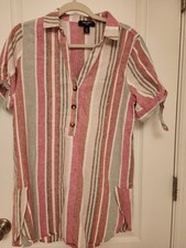 Nine West Striped Button Tie Sleeve Tunic Blouse Pink Green Linen Cotton Size M
