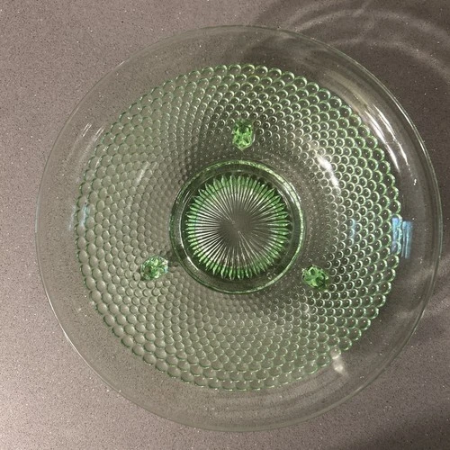 Hobnail UV 3 Footed Bowl Uranium Green Glass Ribbed Center Depression Vaseline