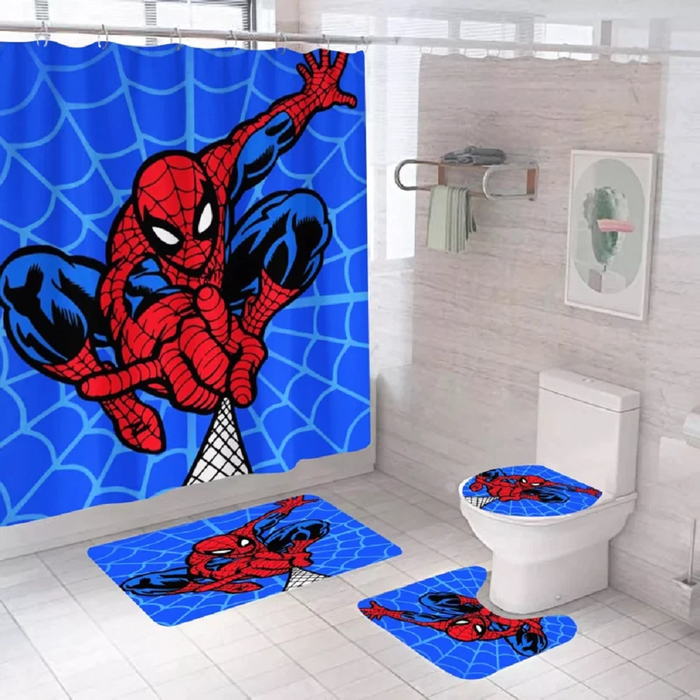 Spider-Man bath mats and shower curtain set, 3 PCS Toilet Seat rugs, Shower Curt