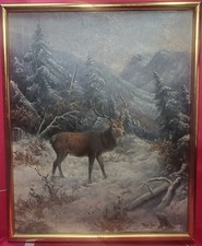 Antico dipinto olio cervo maestoso in inverno paesaggio montagne innevate 72x58 cm 