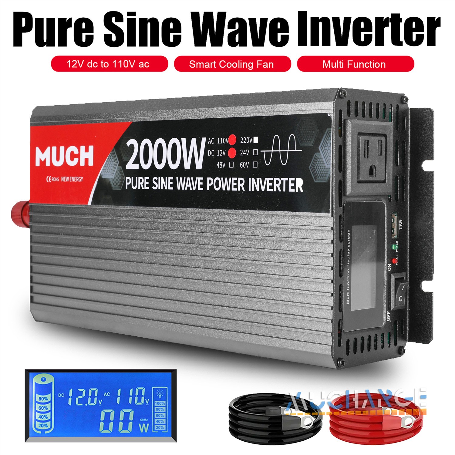 2000W Power Car Inverters DC 12V to AC 110V Pure Sine Wave LCD for Outdoor Camp