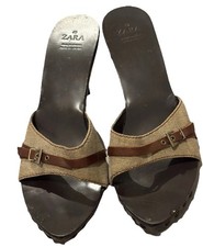 Zara Clog Mules Wooden Look Studded Sole Tweed Leather Look Buckle Size 40