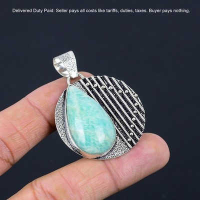 Sterling Silver Pear Amazonite Stone Handcrafted Trendy Bezel Pendant Jewelry