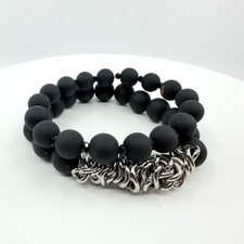 Vintage Matte Black Beaded Wrap Bracelet Silver Tone Link Cluster Statement Boho