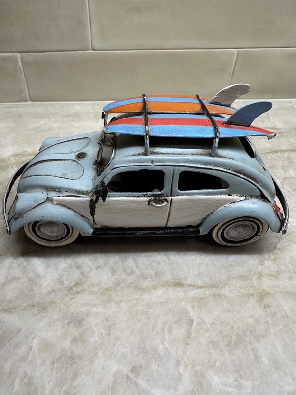 1934 Lght Blue Surfer Hippie Beetle with Surfboards -Metal  Artwork Figurine