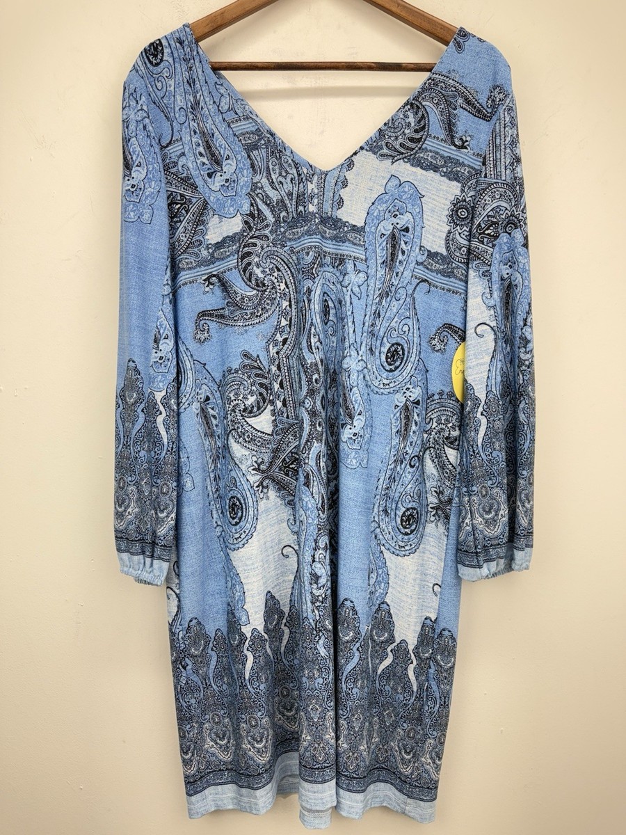 Emma & Michele size XL Womens Blue Paisley Long Sleeve V-neck Dress NWT