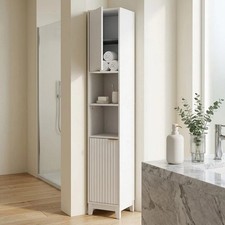 Tall Bathroom Storage Cabinet Slim Fluted Floor Organizer Linen Tower White Wood