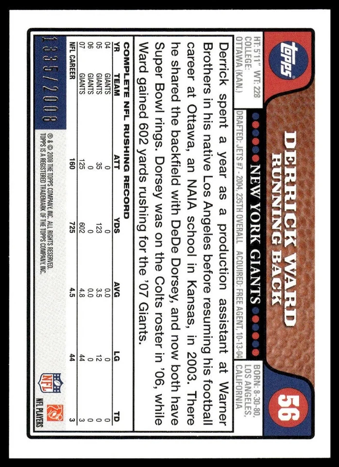 2008 Topps #56 Derrick Ward SN Gold #/2008 New York Giants NM+ - Image 2 of 2