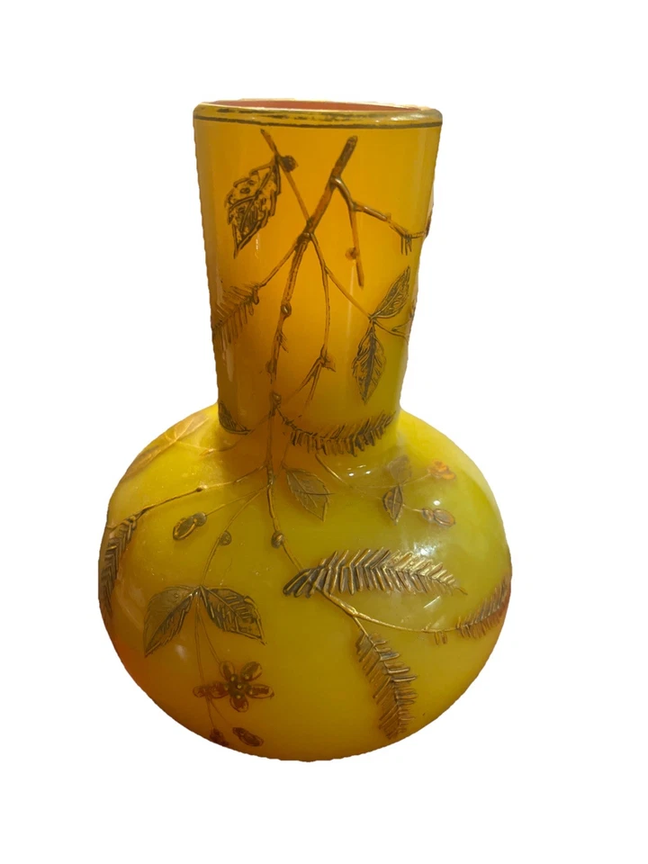 Antique Harrach Yellow Vase With Gold Enamel Details And Pink Interior- Numbered - Image 2 of 4