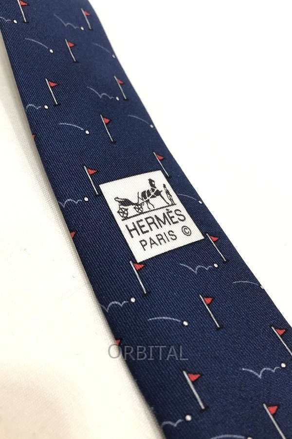 Kyodo) HERMES Silk Tie Golf Swing Navy Made in France with Box thumbnail 8