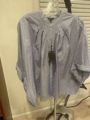 Massimo Dutti Light Blue Linen Blend Blouse M-L Pleated Band Collar NWT