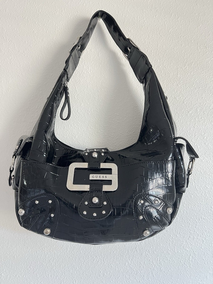 Vintage Y2K GUESS Black Croc-Embossed Shoulder Bag w/ Silver