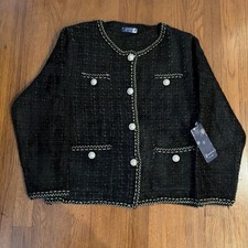 NWT Women s Tweed Jacket Blazer Black W/Gold Trimmings Pearl Decorative Buttons.