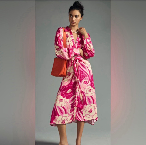 FARM Rio Pink Cream Floral Collared Shirt Dress Button Front Belted Midi S