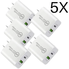 5 Pack QC 3.0 Fast Wall Charger 20W USB C Adapter Lot For iPhone Samsung Android
