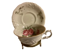 Vintage KPM Royal Ivory Floral Embossed Demitasse and Saucer Set Brown Trim