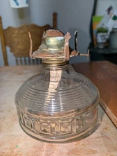VTG Clear Glass Oil Lamp Base And Burner Pressed Square Design Victorian Squatty