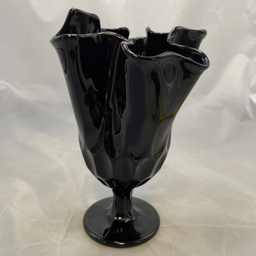Vintage Fenton Black Art Glass Thumbprint Ruffled Swung Rim Handkerchief Vase