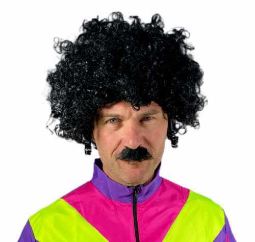Negro Rizado Afro Peluca y Bigote de Moda Disco Hombre Mujer 70S Disfraz