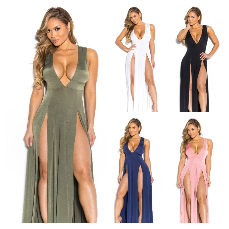 sexy high slit maxi dress 2022 Women Elegant Print Party Dress Summer Sexy V Neck High Slit Maxi –  formalgowns main image 0