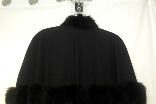 George Simonton Black Cape Designer Coat Jacket Poncho w/ Fur Trim Accent Collar - Picture 5 of 12