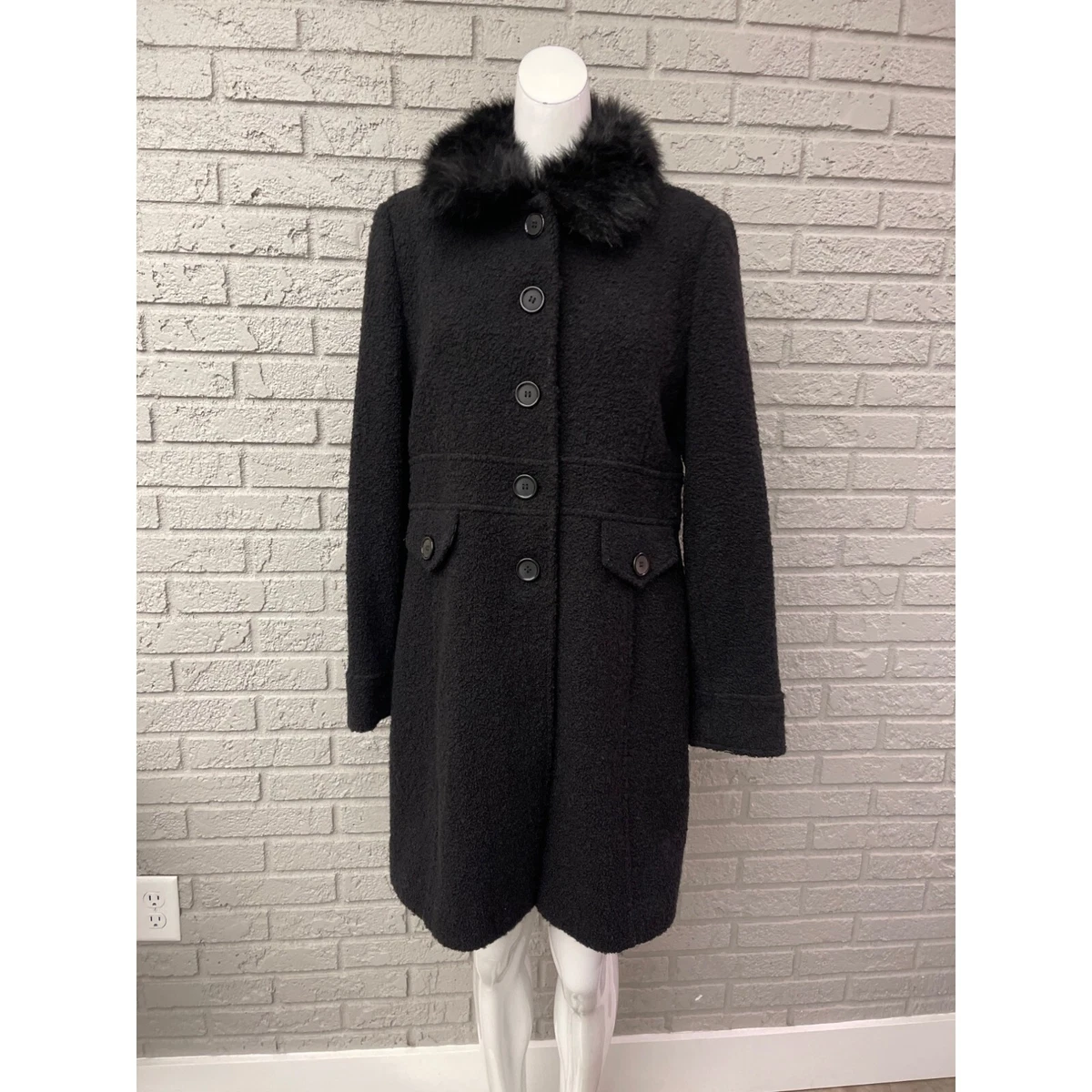 Giacca Gallery Collection Black Wool Faux Fur Coat Size L