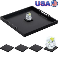 Large Square Wooden Serving Tray W/ Coasters & Metal Handles Home Decor New