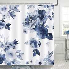 72x72 Inch Navy Blue Floral Shower Curtain Watercolor Flower Ink Plant