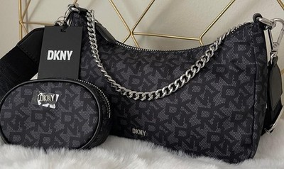 DKNY Carlo Pouchette Chain Shoulder Bag Crossbody Gray  with Silver Accents NWT