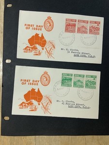 Australia lot of 2 1953 FDC 1st day cover strip of 3 Food Production ? cachet