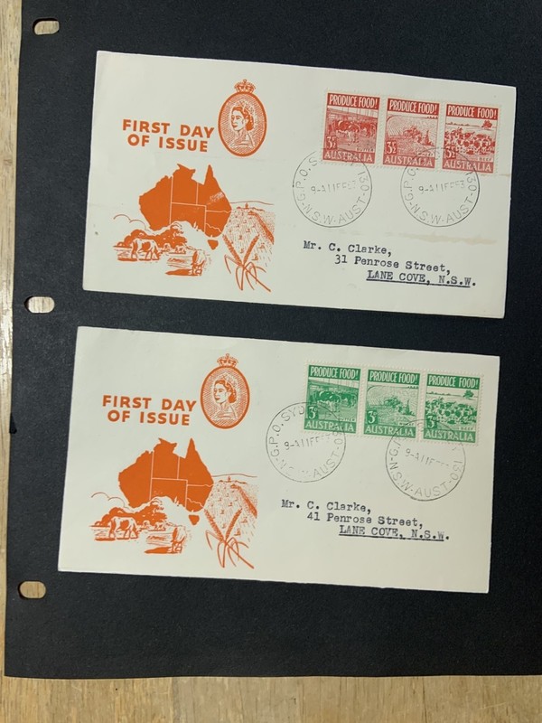 Australia lot of 2 1953 FDC 1st day cover strip of 3 Food Production ? cachet