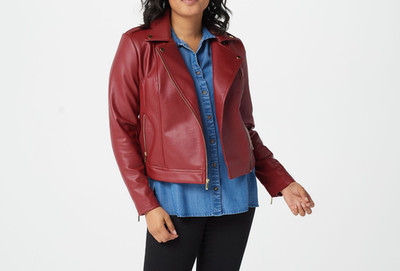 Rachel Hollis Women's Ltd. Faux Leather Moto Jacket Solid Burgundy Size 12