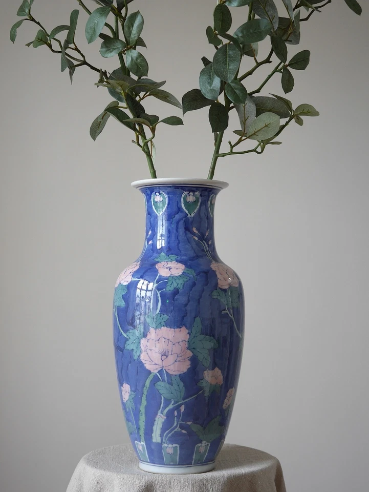 Vintage Extra Large Blue Pink Green Oriental Floor Vase, Floral Motif - Image 2 of 4