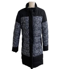 Fabletics Waco Womens Black Gray Print Puffer Coat Longline Quilted Jacket Sz M