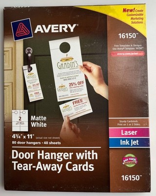 Avery 16150 Matte White 4.25''x11'' Door Hanger with Tear-Away Cards 80 count NIB
