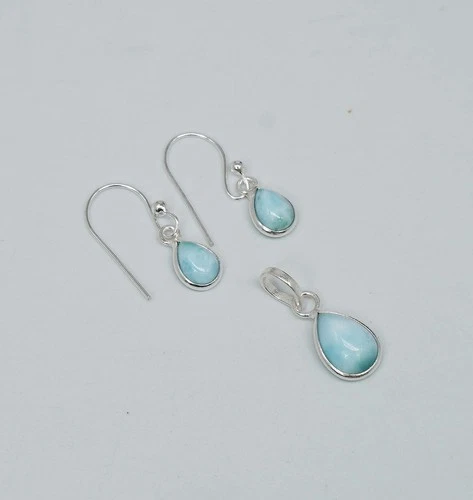 925 Solid Sterling Silver Blue Larimar Hook Earring Pendant Set