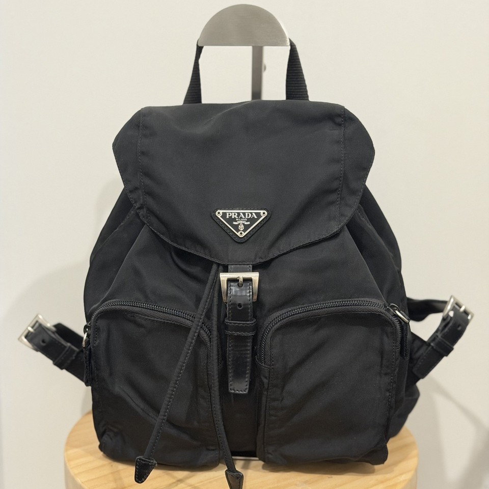 PRADA Nylon Small  Backpack Black Triangle Logo Drawstring Flap Buckle Authentic
