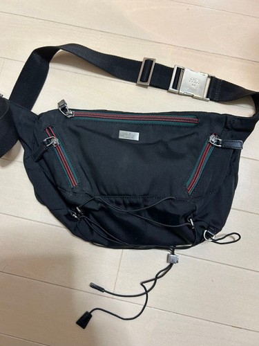 GUCCI Body Bag Black Nylon Sherry Line 4 Zipper Pockets Unisex Belt Bag #436