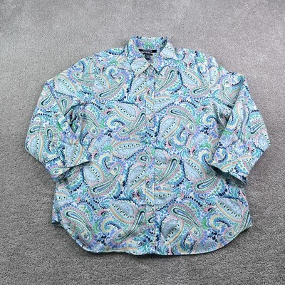 Chaps Top Womens XL Blue Pink Paisley No Iron 3/4 Sleeve Button Up Spring Summer