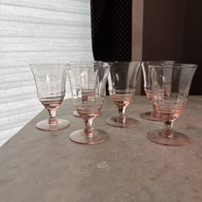 Tiffin Franciscan Pink Cordial,Juice,ice Wine Footed Glass Optic Panel 1930s 6pc