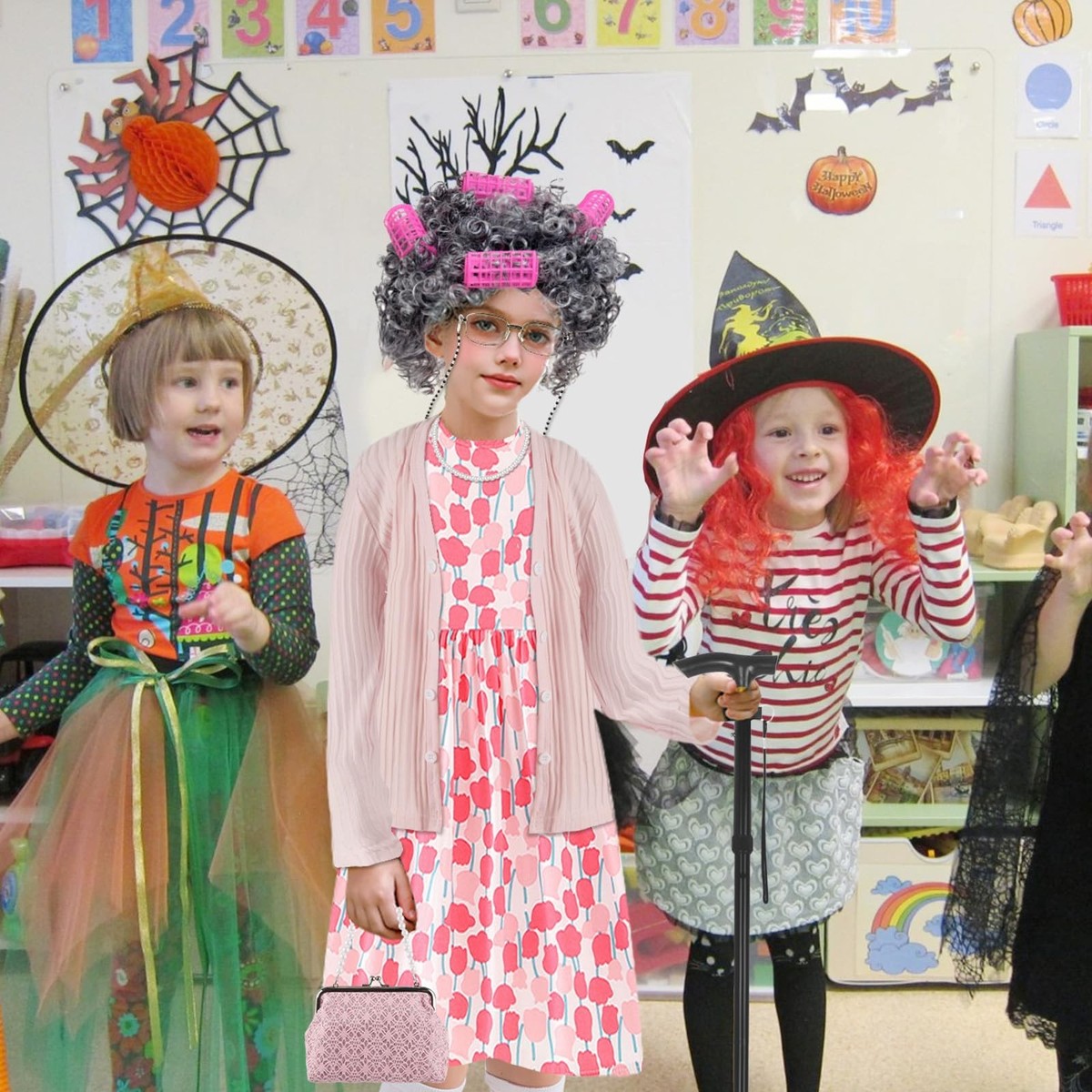 Kid's 100th Day Of School Costume - Old Lady Granny Outfit With Wig, Glasses, Cane & Accessories - View #9