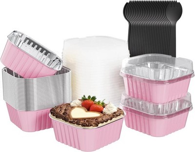 25 Pack Square Mini Cake Pans with Lids,Mini Loaf Pans with Lids,Aluminum Foil