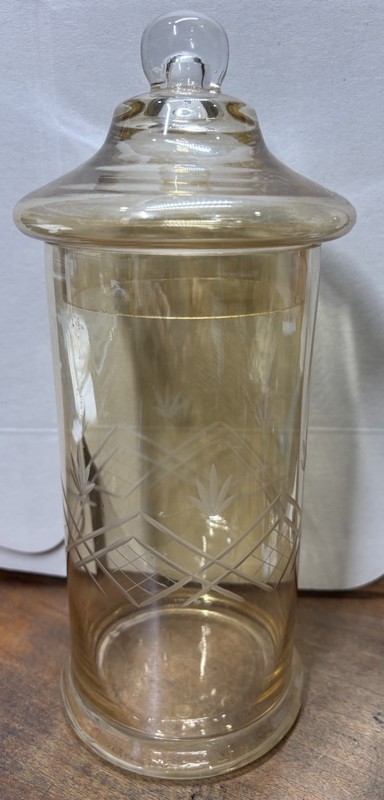 Antique Light Amber Tint Apothecary Glass Jar With Lid 11-1/4” Tall X 4–1/4” D