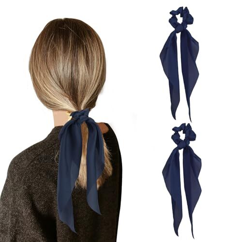 Silk Scrunchies and Hair Ties Set for Women - Scrunchies, Hair Bow, Satin Blue - Picture 1 of 6