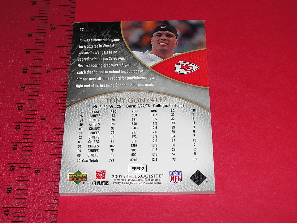 2007 Exquisite TONY GONZALEZ #32 Premium SP/150 Kansas City CHIEFS Golden Bears - Image 2 of 2