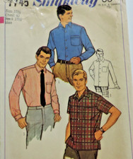 1960s Simplicity 7745 Pattern, Men's Shirts Neck: 16.5" C: 40" Complete