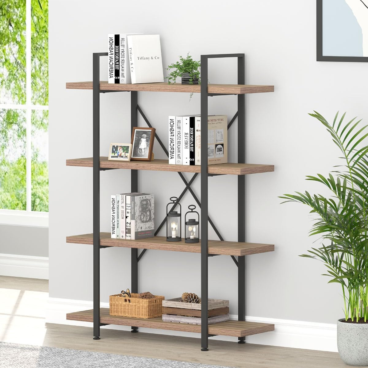 Rustic Oak 4-Tier Industrial Bookshelf - Modern Metal & Wood